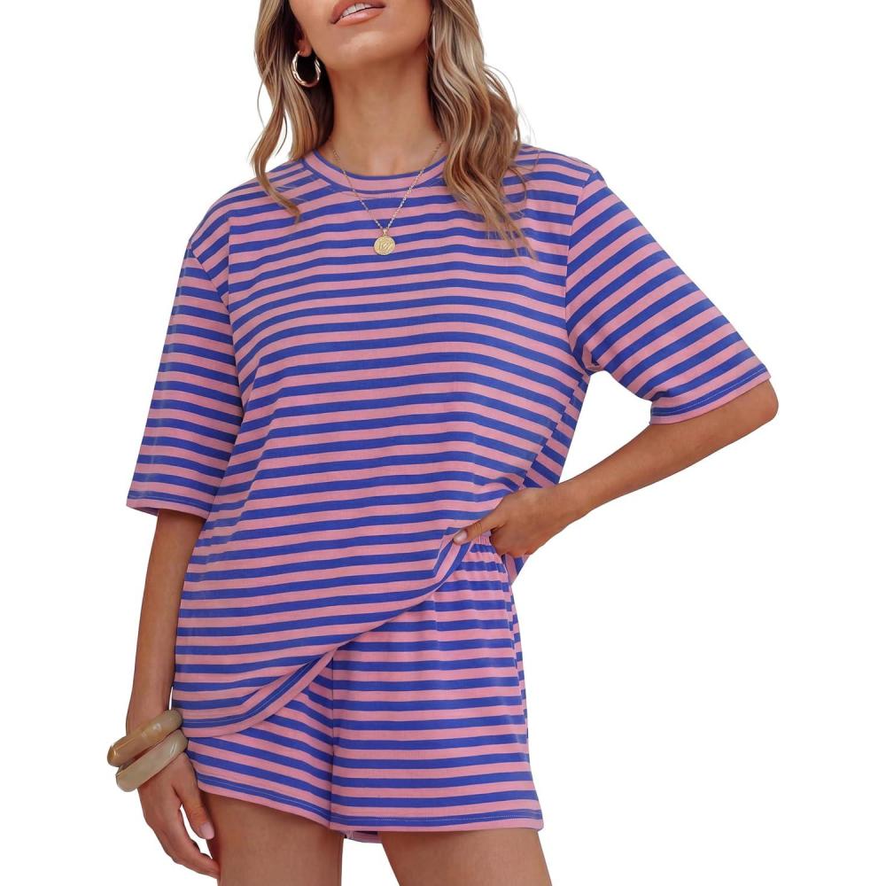 imageZESICA Womens Summer 2 Piece Short Sets Striped Oversized Matching Lounge Airport Travel Workout Beach Vacation OutfitsRose