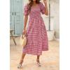 ZESICA Women’s 2026 Bohemian Summer Plaid Square Neck Puff Sleeve Ruffle Flowy Beach Midi Dress(Red)