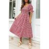 ZESICA Women’s 2026 Bohemian Summer Plaid Square Neck Puff Sleeve Ruffle Flowy Beach Midi Dress(Red)