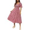 ZESICA Women’s 2026 Bohemian Summer Plaid Square Neck Puff Sleeve Ruffle Flowy Beach Midi Dress(Red)