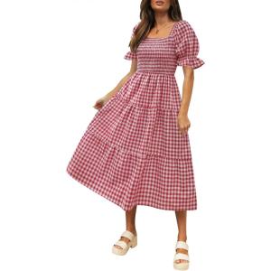 ZESICA Women’s 2026 Bohemian Summer Plaid Square Neck Puff Sleeve Ruffle Flowy Beach Midi Dress(Red)