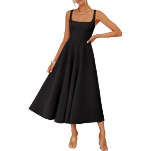ZESICA Women‘s 2026 Summer Sleeveless Midi Dress Square Neck Flowy A Line Casual Beach Vacation Long Dresses with Pockets(Black)