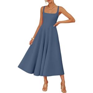 ZESICA Women‘s 2026 Summer Sleeveless Midi Dress Square Neck Flowy A Line Casual Beach Vacation Long Dresses with Pockets(Dusty Blue)