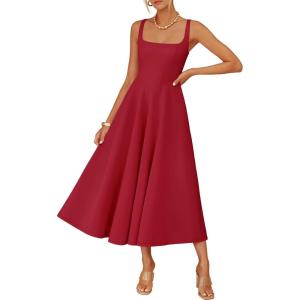 ZESICA Women‘s 2026 Summer Sleeveless Midi Dress Square Neck Flowy A Line Casual Beach Vacation Long Dresses with Pockets(Red)