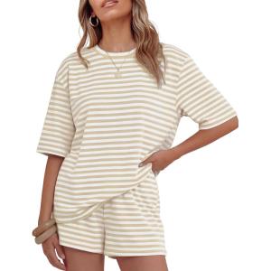 ZESICA Womens Summer 2 Piece Short Sets Striped Oversized Matching Lounge Airport Travel Workout Beach Vacation Outfits(Apricot)