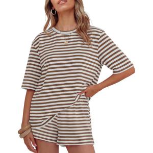 ZESICA Womens Summer 2 Piece Short Sets Striped Oversized Matching Lounge Airport Travel Workout Beach Vacation Outfits(Brown)