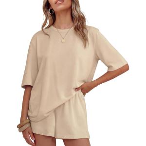 ZESICA Womens Summer 2 Piece Short Sets Striped Oversized Matching Lounge Airport Travel Workout Beach Vacation Outfits(Solid Apricot)