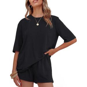ZESICA Womens Summer 2 Piece Short Sets Striped Oversized Matching Lounge Airport Travel Workout Beach Vacation Outfits(Solid Black)