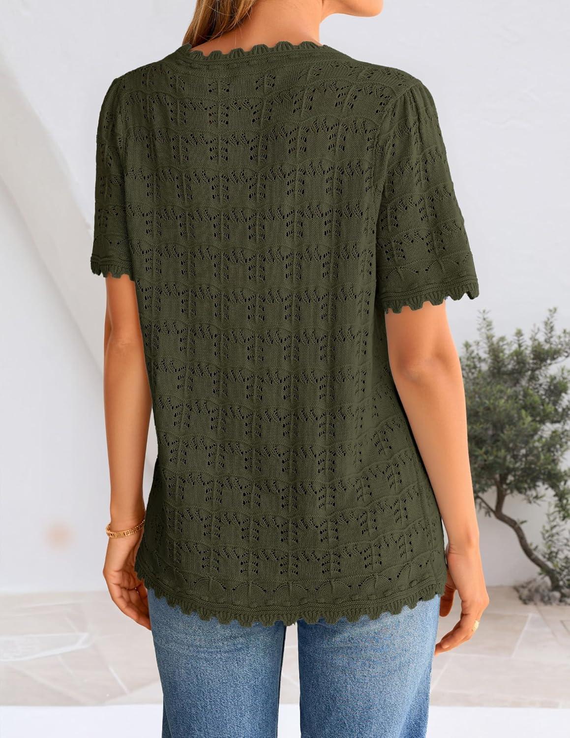 imageZESICA Womens Crochet Short Sleeve Sweaters 2026 Summer Casual Crewneck Hollow Out Tops Beach Vacation Shirts OutfitsArmygreen