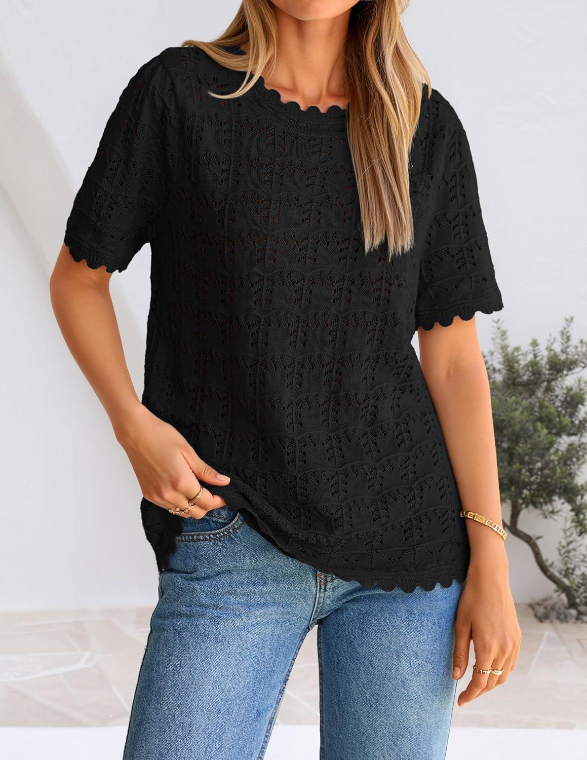 imageZESICA Womens Crochet Short Sleeve Sweaters 2026 Summer Casual Crewneck Hollow Out Tops Beach Vacation Shirts OutfitsBlack