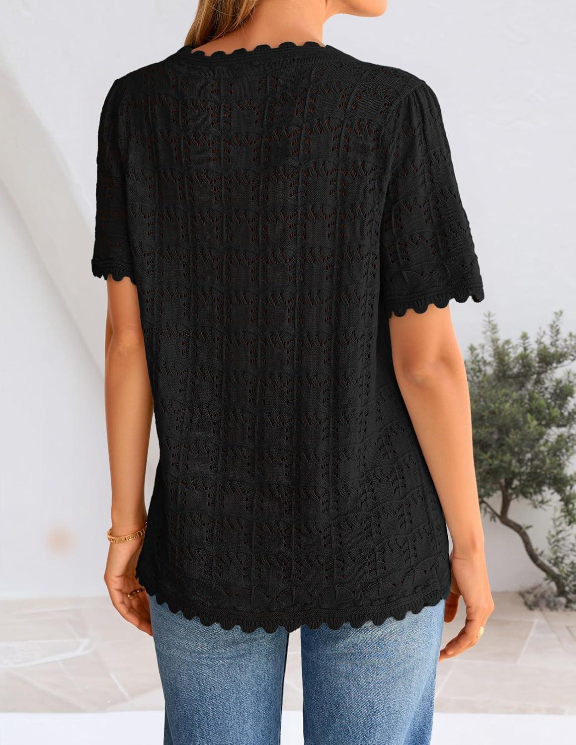 imageZESICA Womens Crochet Short Sleeve Sweaters 2026 Summer Casual Crewneck Hollow Out Tops Beach Vacation Shirts OutfitsBlack