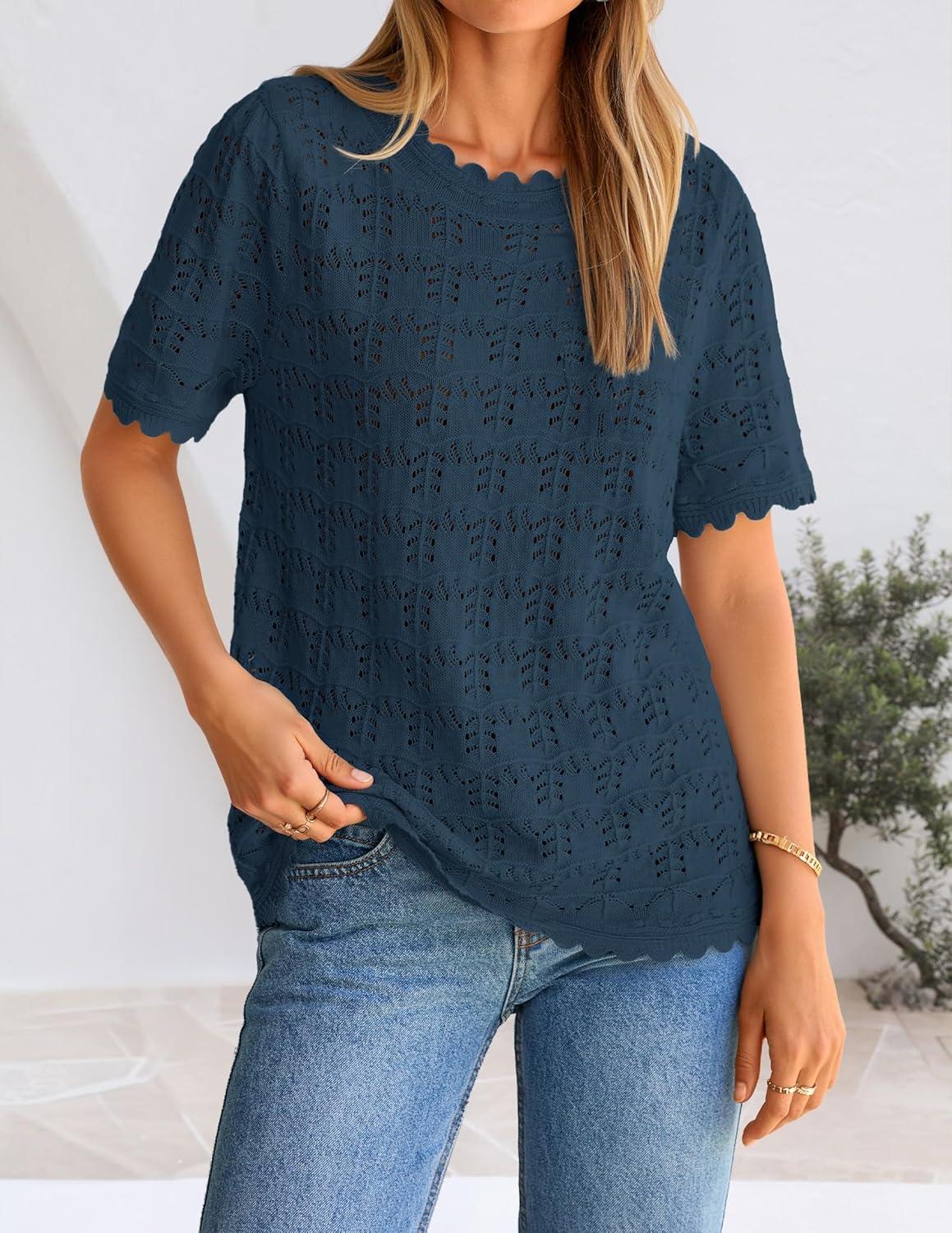 imageZESICA Womens Crochet Short Sleeve Sweaters 2026 Summer Casual Crewneck Hollow Out Tops Beach Vacation Shirts OutfitsDarkblue
