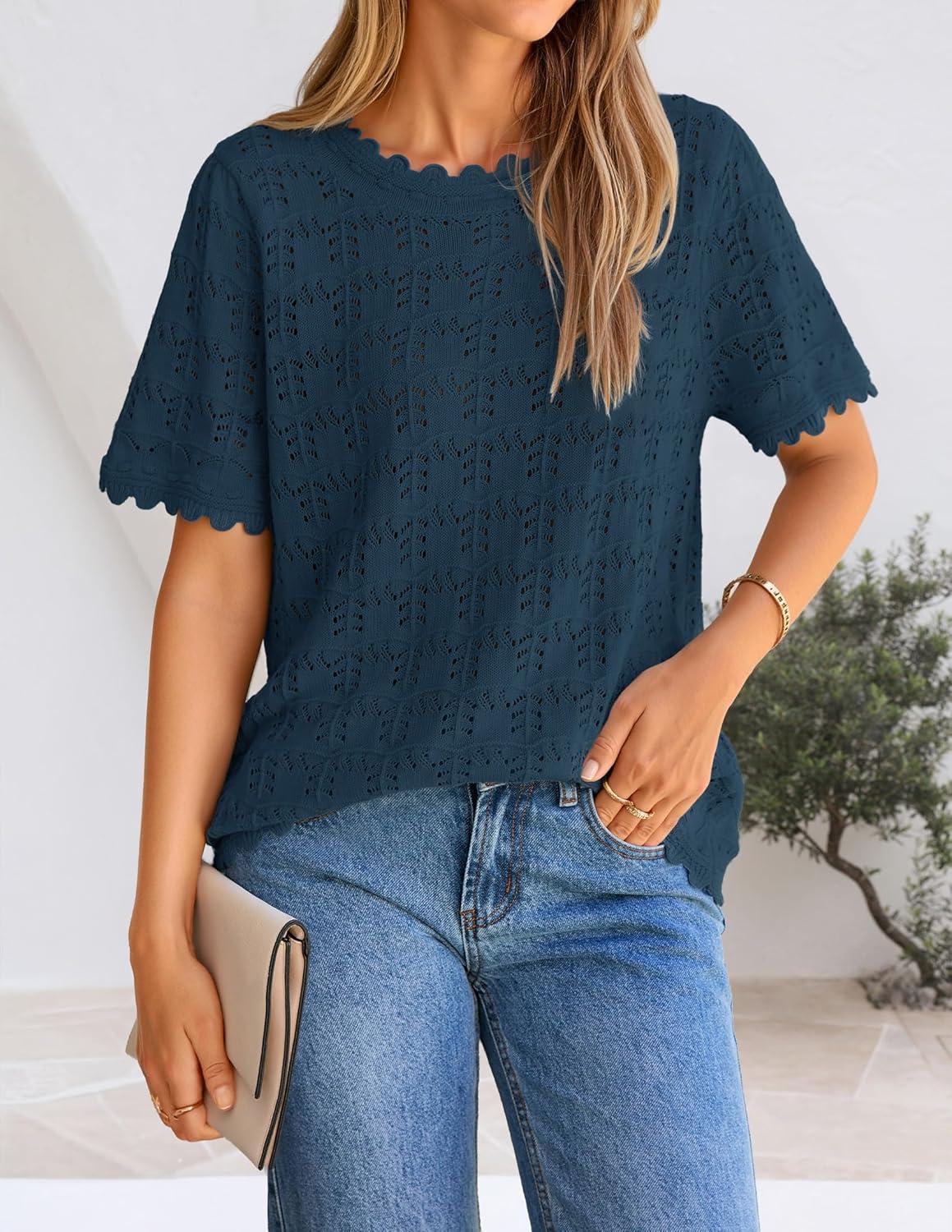 imageZESICA Womens Crochet Short Sleeve Sweaters 2026 Summer Casual Crewneck Hollow Out Tops Beach Vacation Shirts OutfitsDarkblue