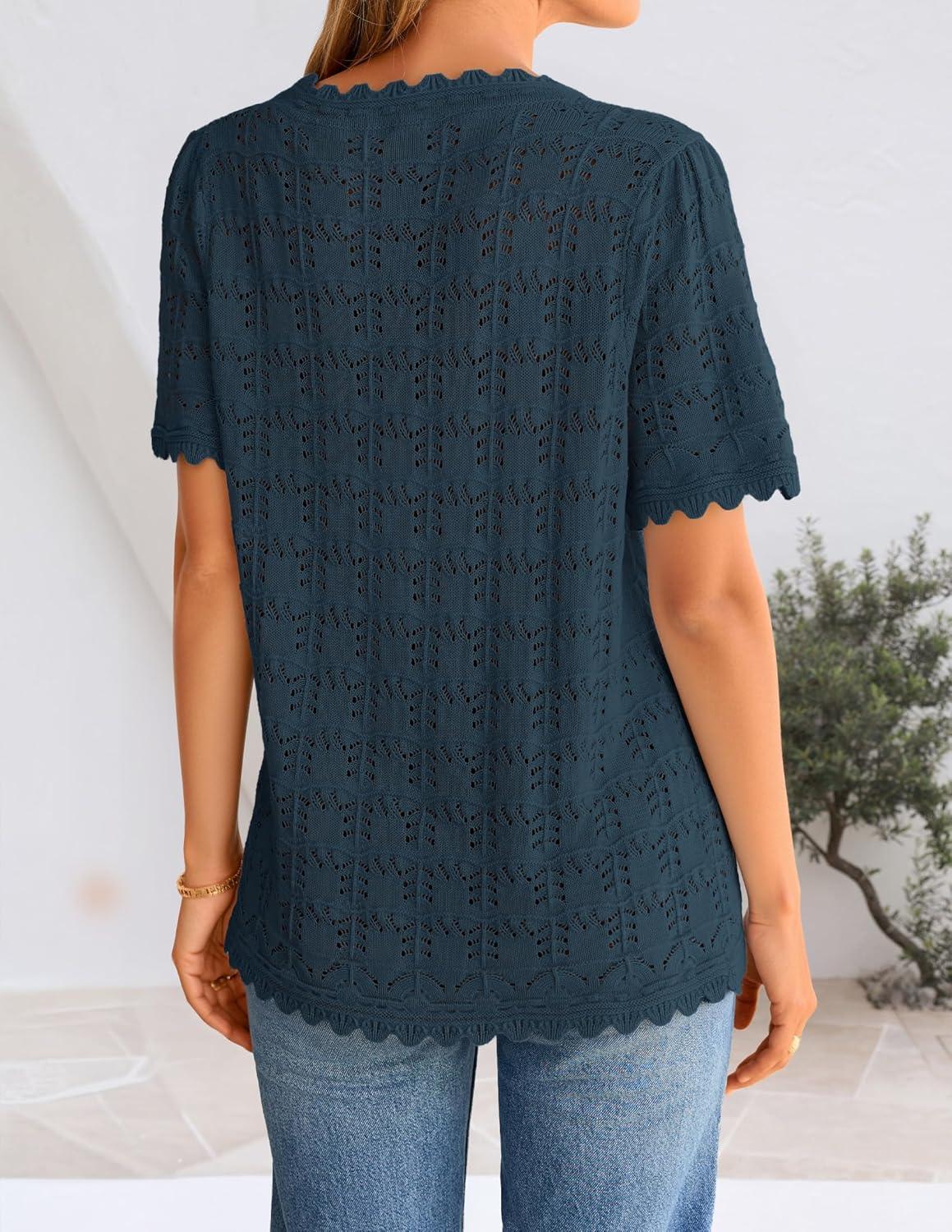 imageZESICA Womens Crochet Short Sleeve Sweaters 2026 Summer Casual Crewneck Hollow Out Tops Beach Vacation Shirts OutfitsDarkblue