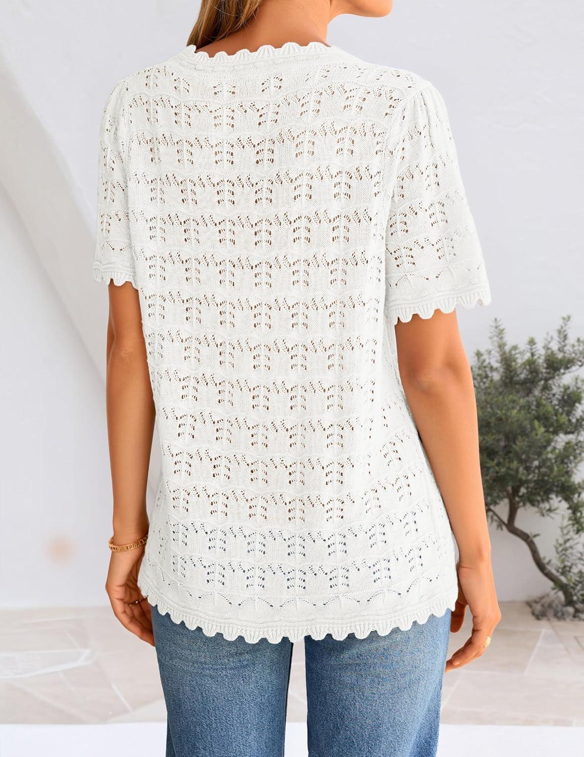 imageZESICA Womens Crochet Short Sleeve Sweaters 2026 Summer Casual Crewneck Hollow Out Tops Beach Vacation Shirts OutfitsWhite