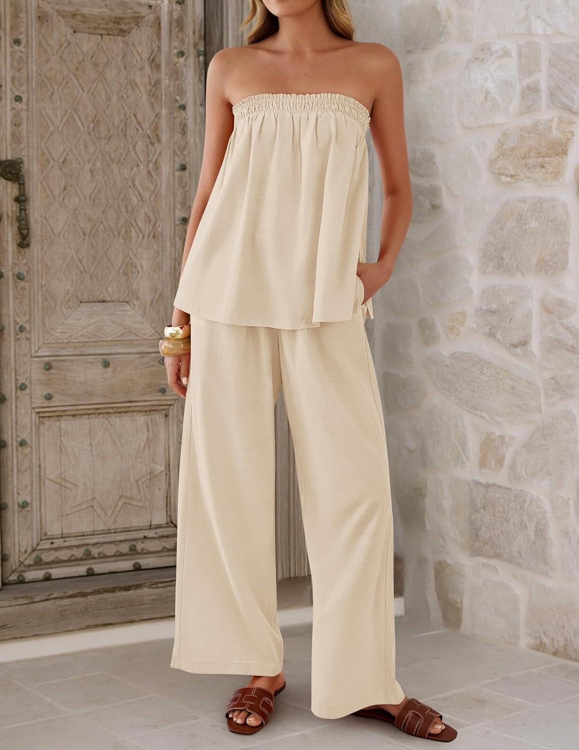 imageZESICA Womens Summer 2 Piece Sets 2026 Spring Casual Strapless Tube Top Wide Leg Pants Ruffle Beach Vacation OutfitsApricot