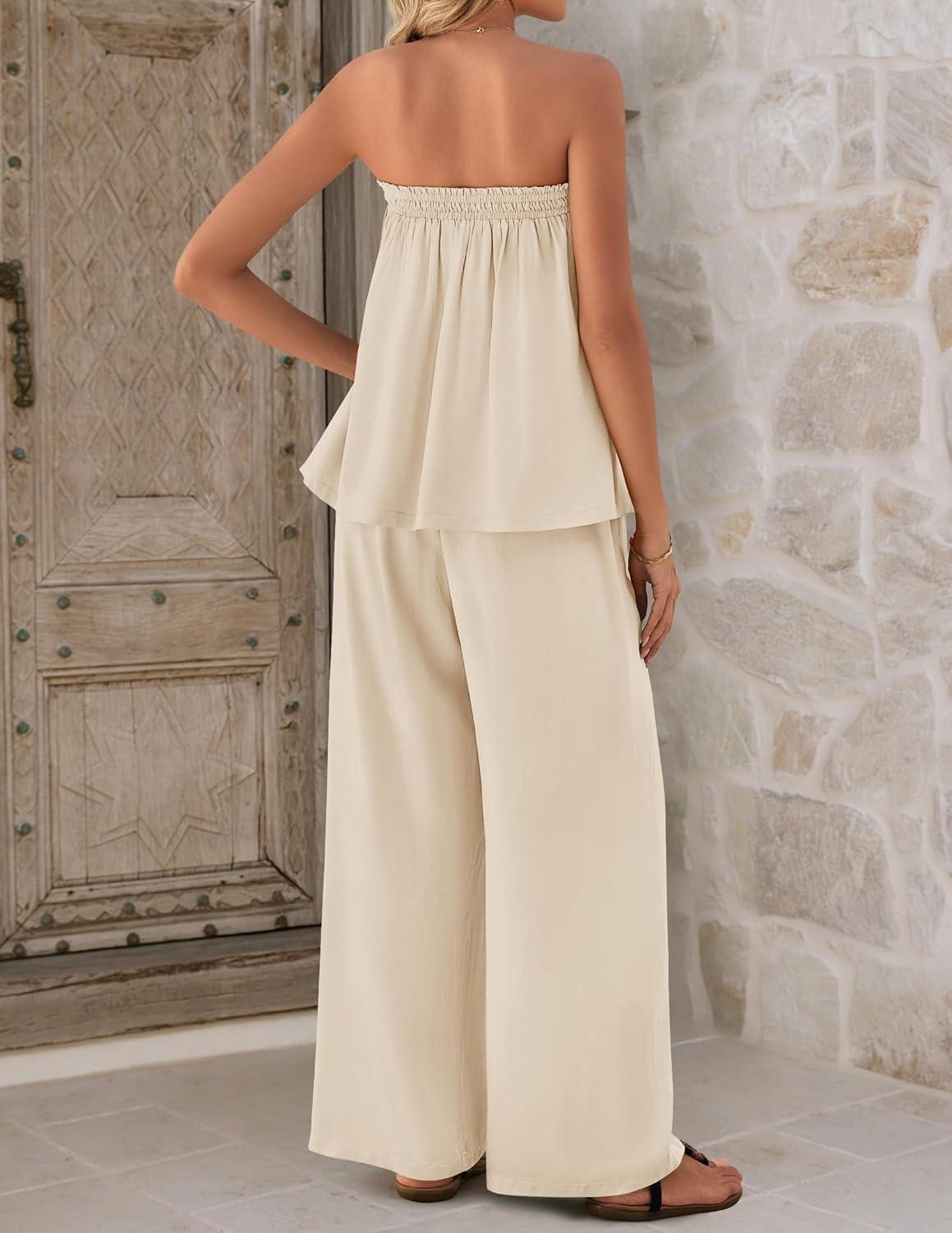 imageZESICA Womens Summer 2 Piece Sets 2026 Spring Casual Strapless Tube Top Wide Leg Pants Ruffle Beach Vacation OutfitsApricot
