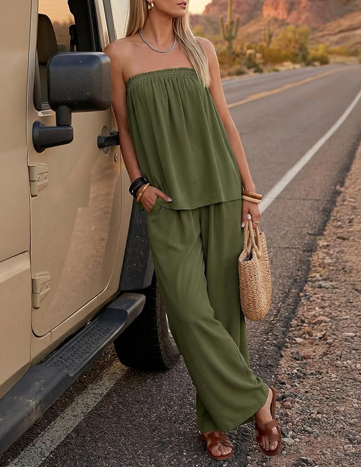 imageZESICA Womens Summer 2 Piece Sets 2026 Spring Casual Strapless Tube Top Wide Leg Pants Ruffle Beach Vacation OutfitsArmygreen
