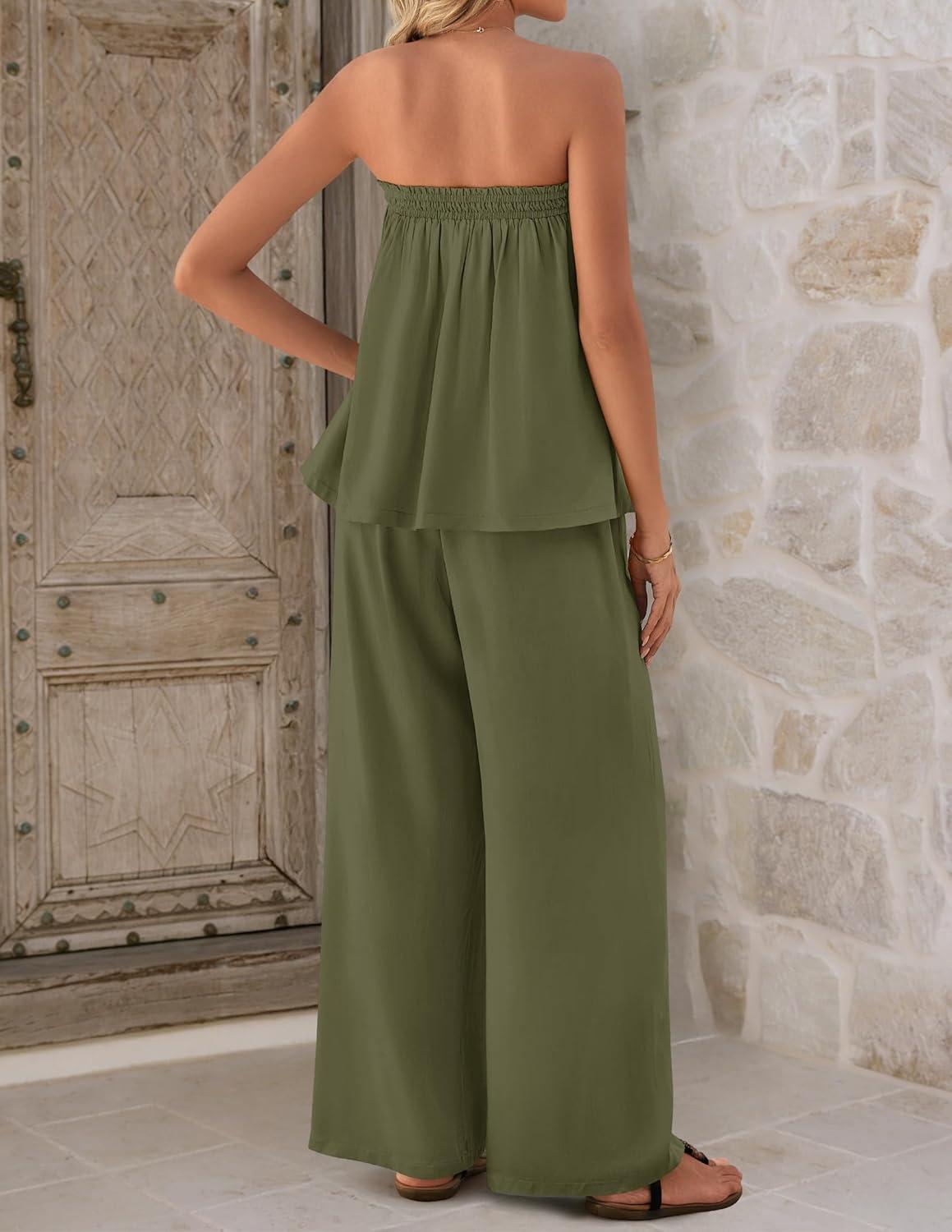 imageZESICA Womens Summer 2 Piece Sets 2026 Spring Casual Strapless Tube Top Wide Leg Pants Ruffle Beach Vacation OutfitsArmygreen