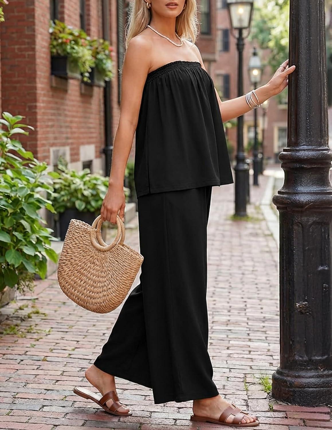 imageZESICA Womens Summer 2 Piece Sets 2026 Spring Casual Strapless Tube Top Wide Leg Pants Ruffle Beach Vacation OutfitsBlack