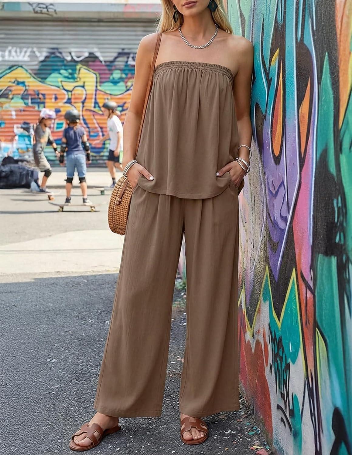 imageZESICA Womens Summer 2 Piece Sets 2026 Spring Casual Strapless Tube Top Wide Leg Pants Ruffle Beach Vacation OutfitsKhaki