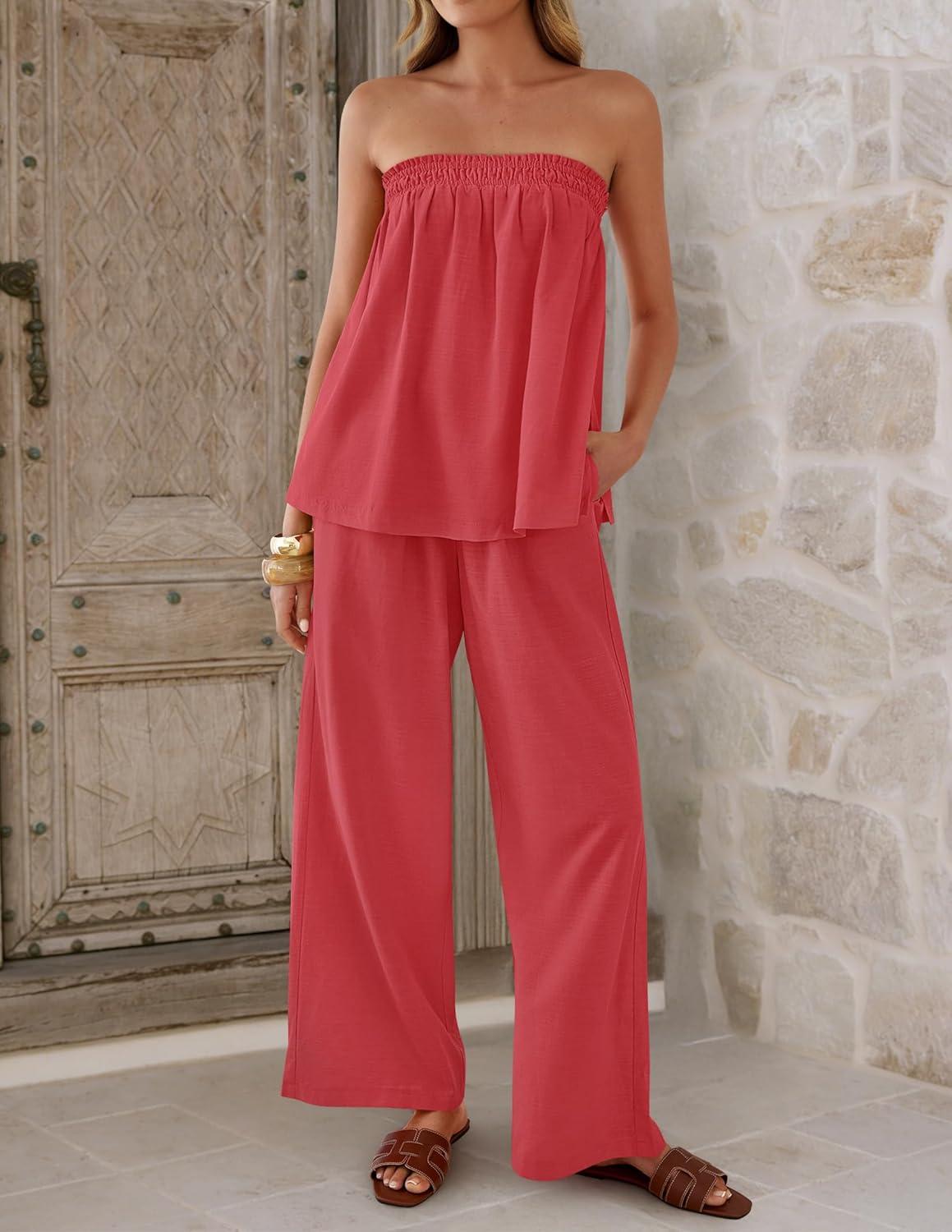 imageZESICA Womens Summer 2 Piece Sets 2026 Spring Casual Strapless Tube Top Wide Leg Pants Ruffle Beach Vacation OutfitsWatermelonred
