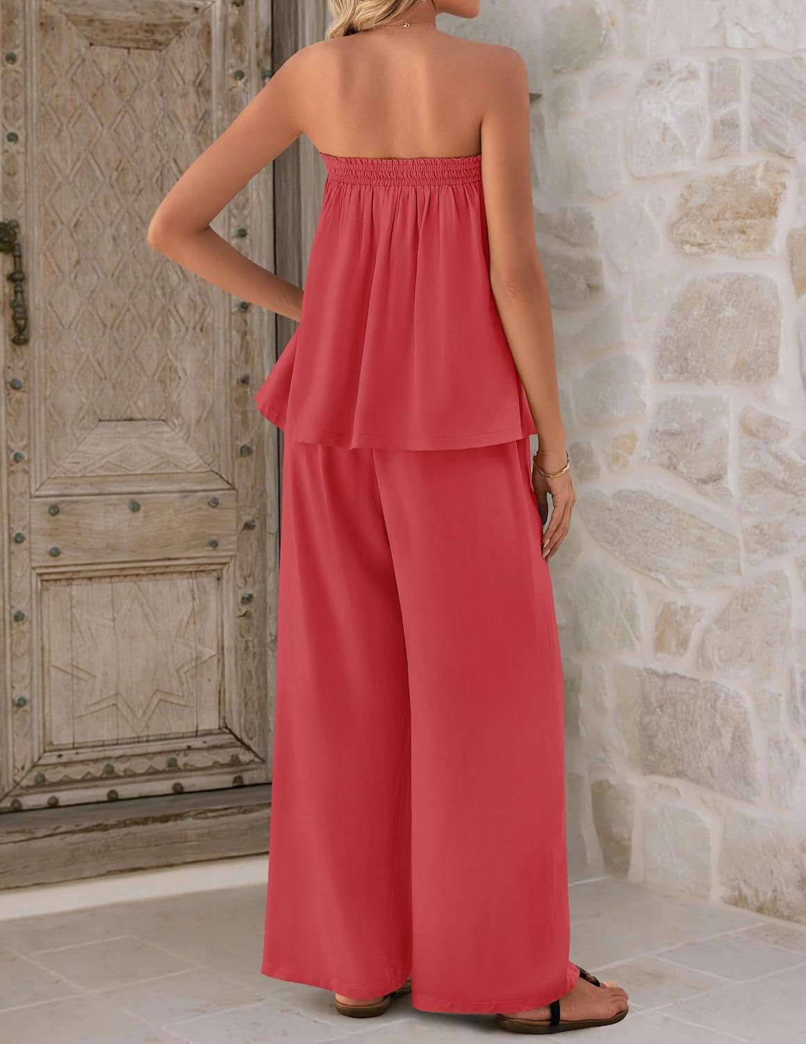 imageZESICA Womens Summer 2 Piece Sets 2026 Spring Casual Strapless Tube Top Wide Leg Pants Ruffle Beach Vacation OutfitsWatermelonred
