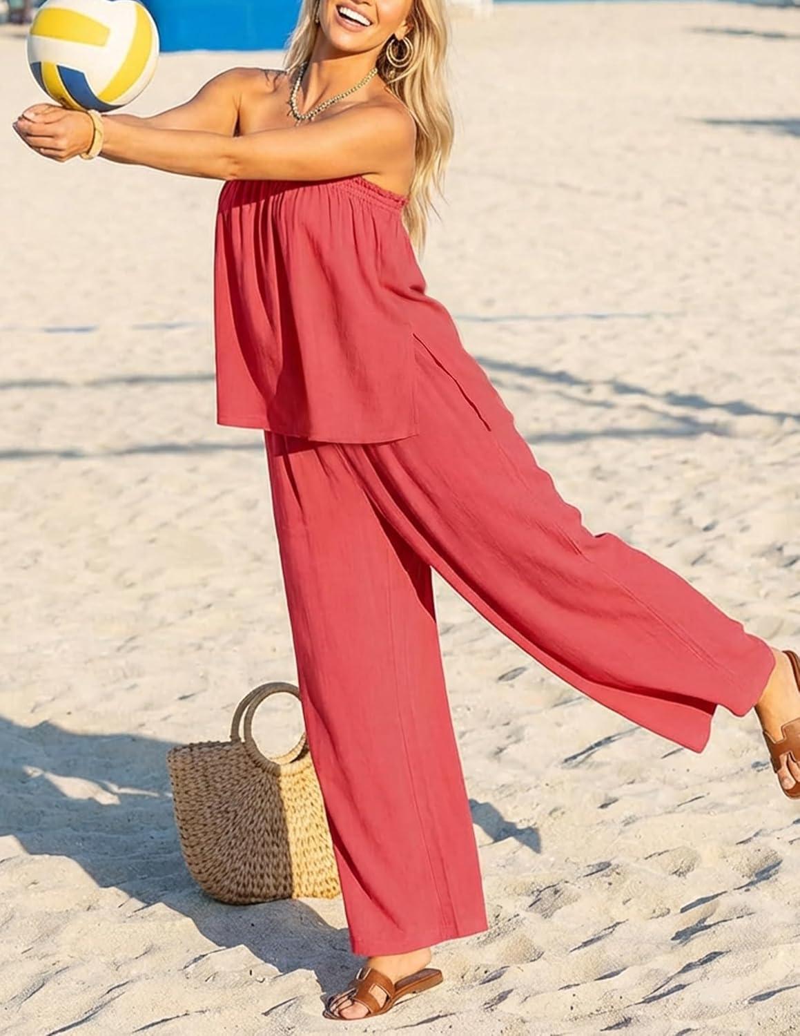 imageZESICA Womens Summer 2 Piece Sets 2026 Spring Casual Strapless Tube Top Wide Leg Pants Ruffle Beach Vacation OutfitsWatermelonred