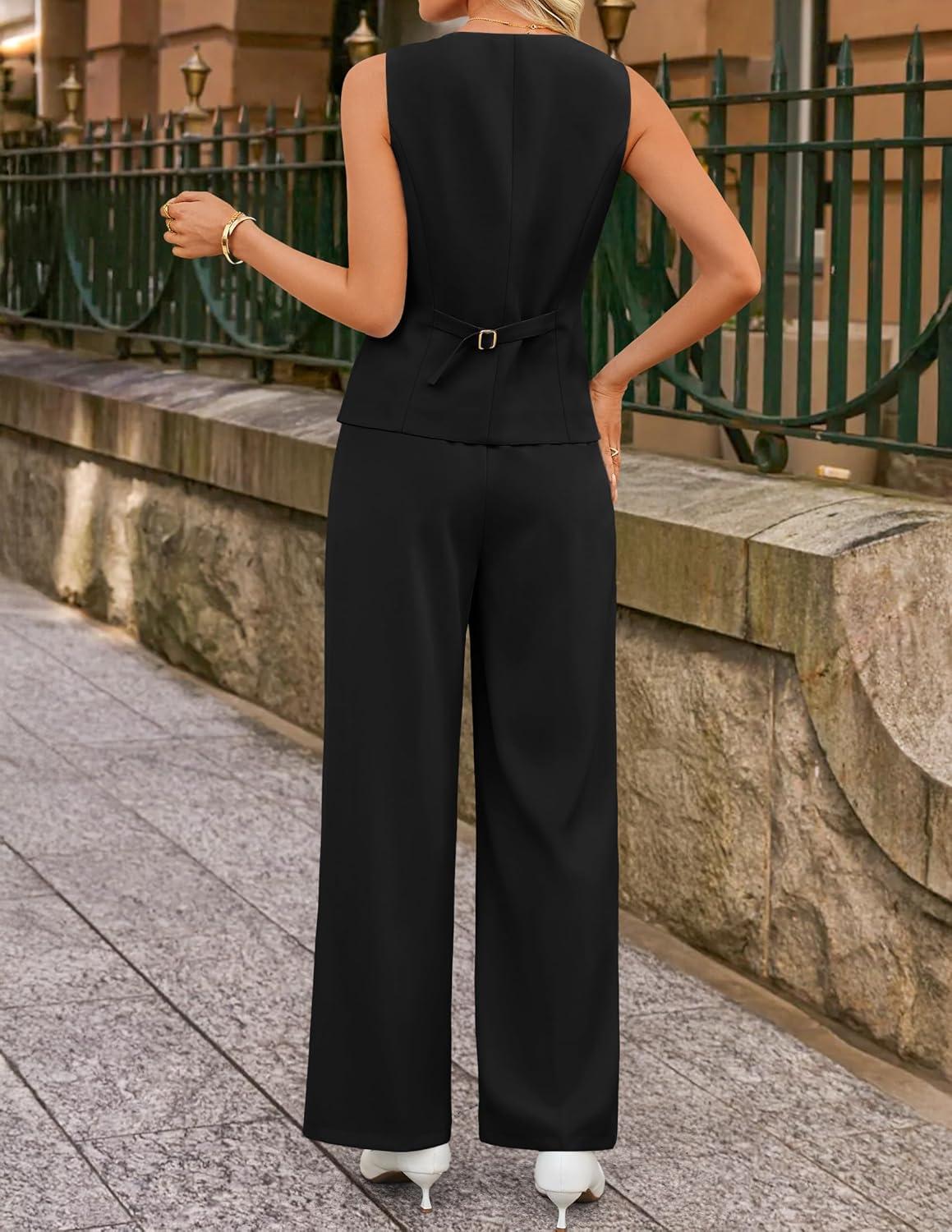 imageZESICA Womens Summer 2 Piece Suit Sets 2026 Sleeveless Blazer Vest Wide Leg Pants Business Casual Outfits Work ClothesBlack