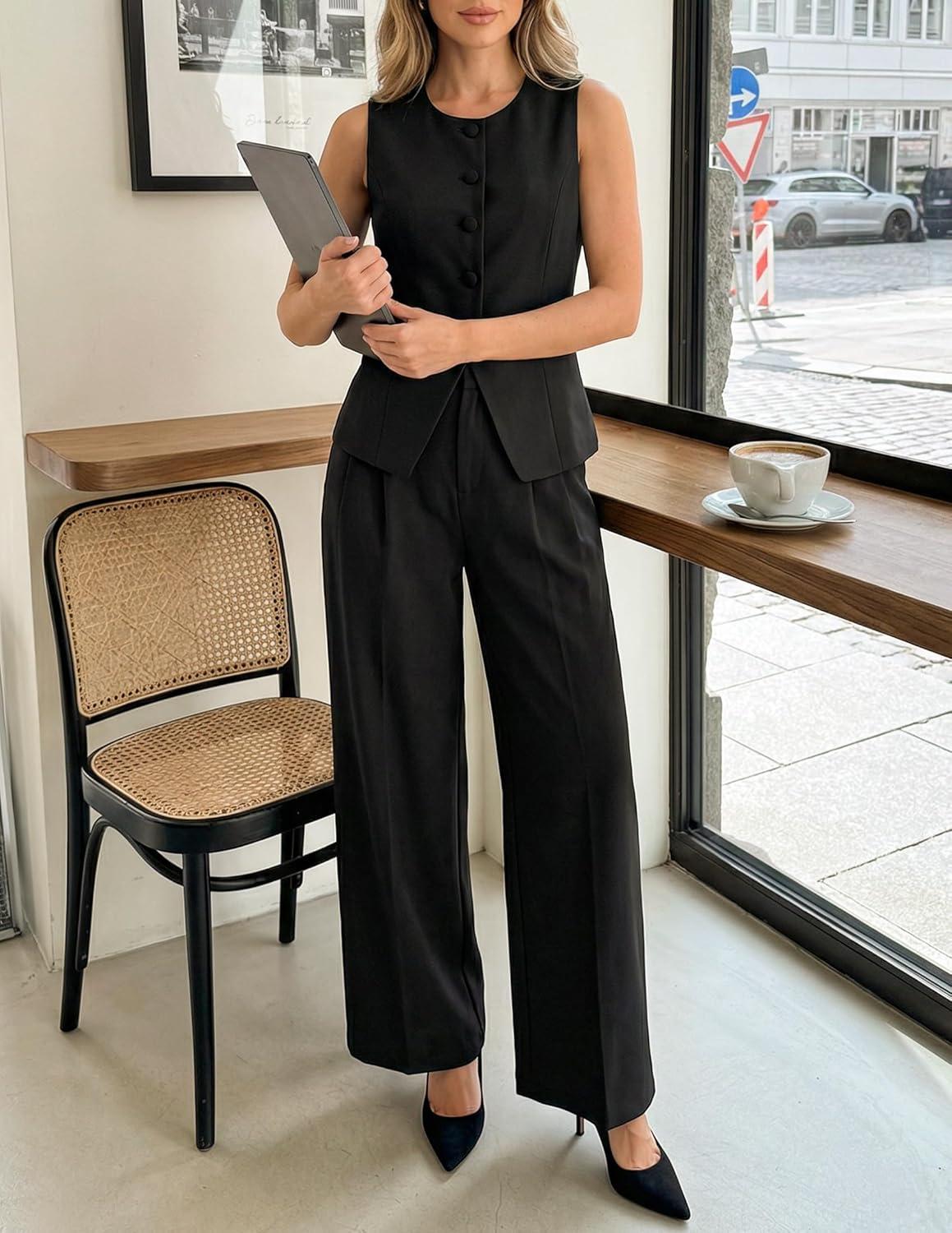 imageZESICA Womens Summer 2 Piece Suit Sets 2026 Sleeveless Blazer Vest Wide Leg Pants Business Casual Outfits Work ClothesBlack