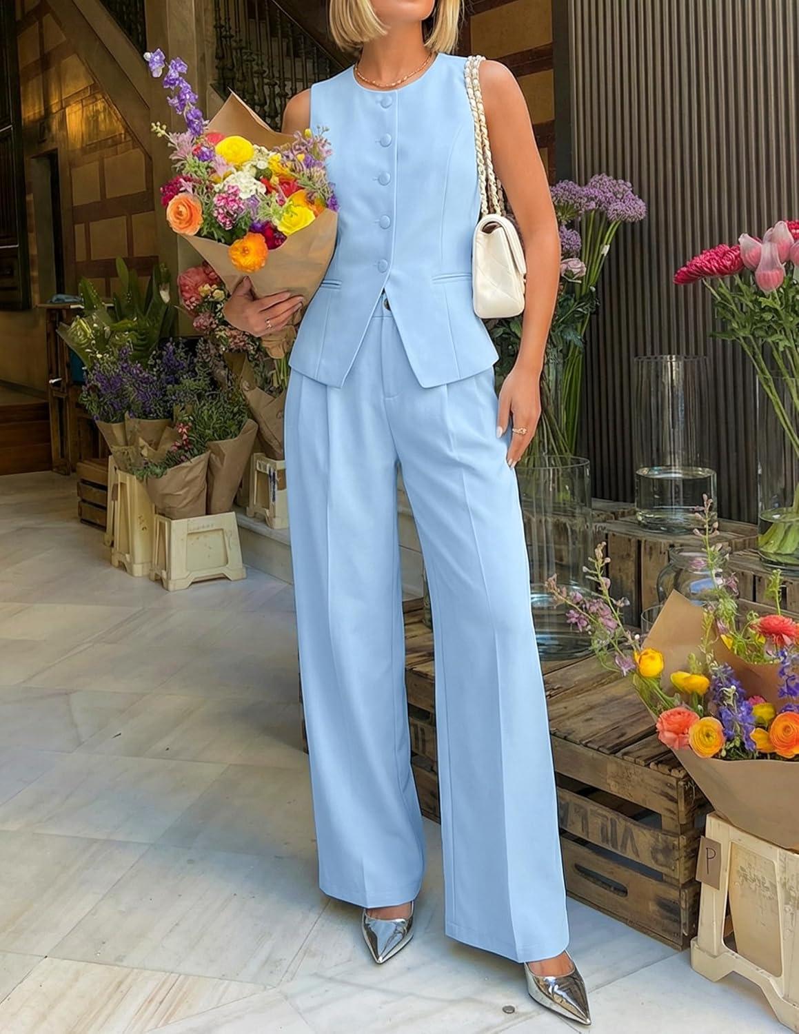 imageZESICA Womens Summer 2 Piece Suit Sets 2026 Sleeveless Blazer Vest Wide Leg Pants Business Casual Outfits Work ClothesBlue