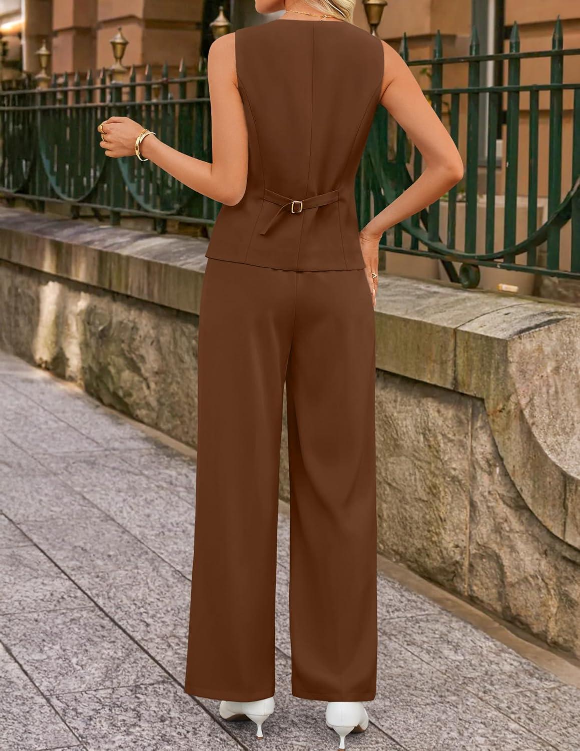 imageZESICA Womens Summer 2 Piece Suit Sets 2026 Sleeveless Blazer Vest Wide Leg Pants Business Casual Outfits Work ClothesBrown