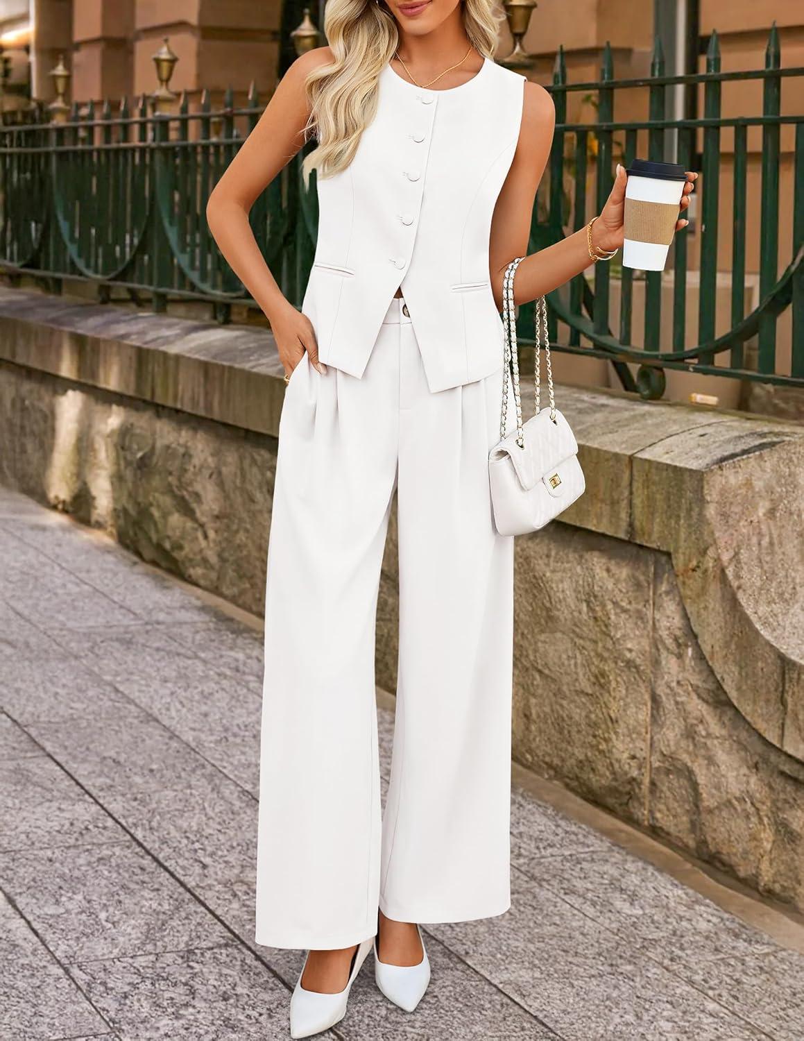 imageZESICA Womens Summer 2 Piece Suit Sets 2026 Sleeveless Blazer Vest Wide Leg Pants Business Casual Outfits Work ClothesWhite