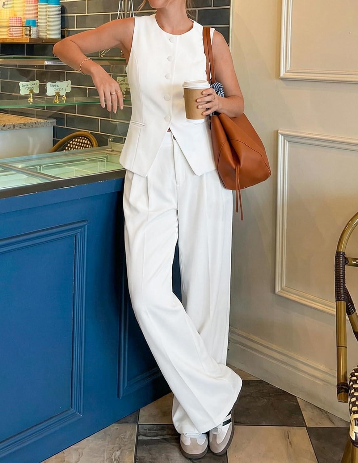imageZESICA Womens Summer 2 Piece Suit Sets 2026 Sleeveless Blazer Vest Wide Leg Pants Business Casual Outfits Work ClothesWhite