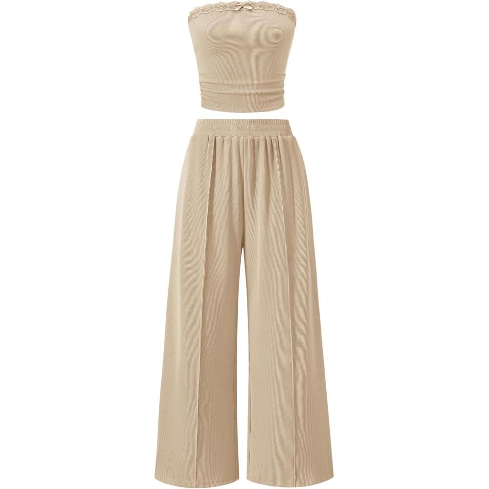 imageZESICA Womens 2026 Summer 2 Piece Vacation Outfits Strapless Crop Tube Tops and Wide Leg Pants Travel Matching SetsApricot