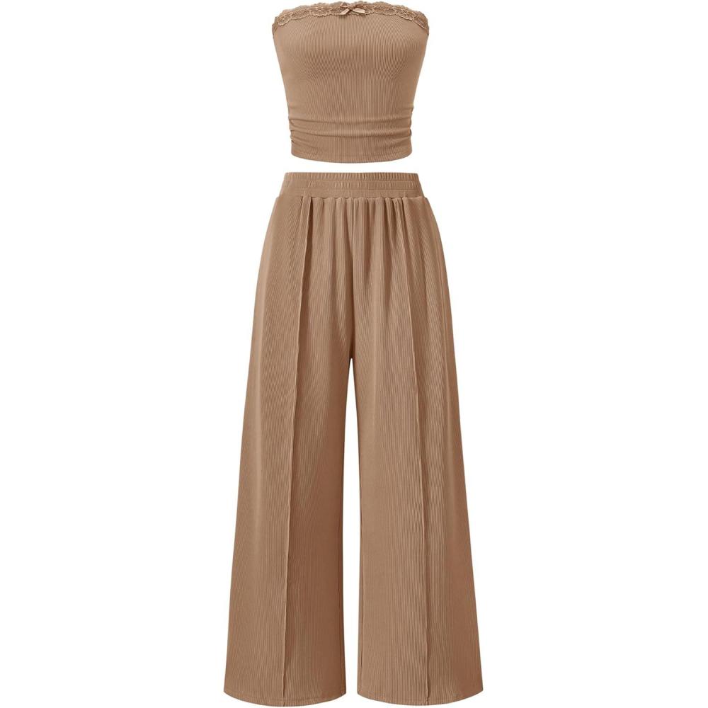 imageZESICA Womens 2026 Summer 2 Piece Vacation Outfits Strapless Crop Tube Tops and Wide Leg Pants Travel Matching SetsKhaki