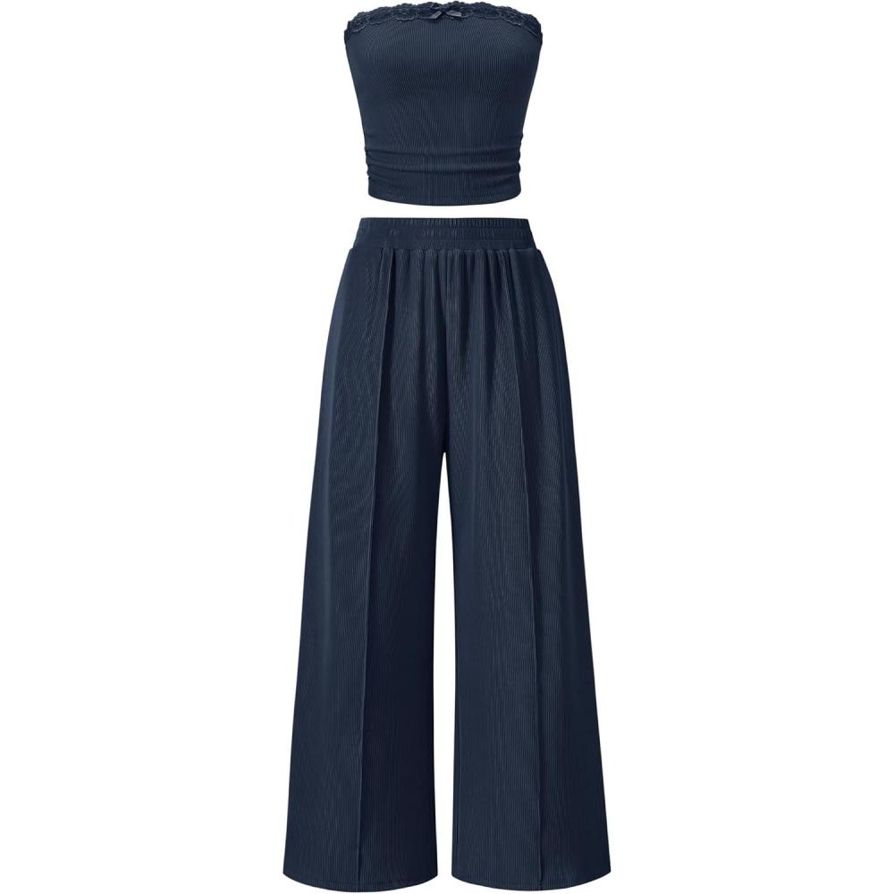 imageZESICA Womens 2026 Summer 2 Piece Vacation Outfits Strapless Crop Tube Tops and Wide Leg Pants Travel Matching SetsNavy