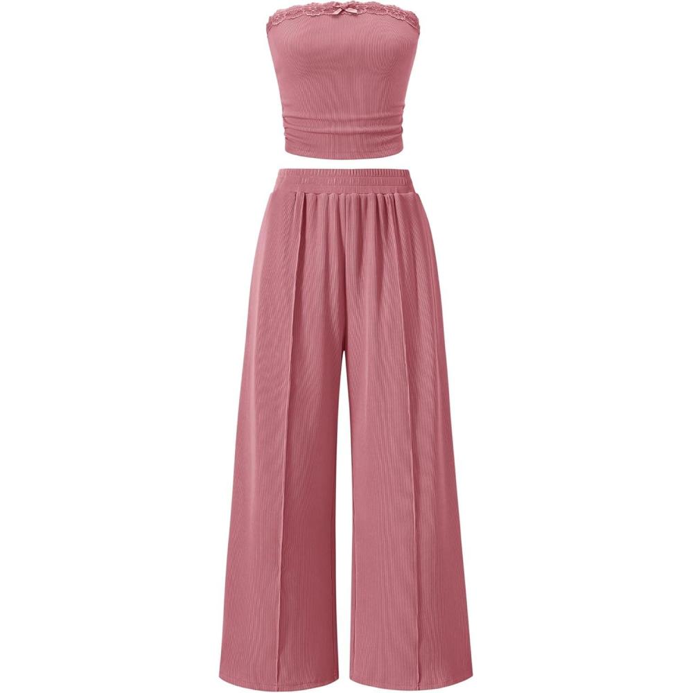 imageZESICA Womens 2026 Summer 2 Piece Vacation Outfits Strapless Crop Tube Tops and Wide Leg Pants Travel Matching SetsPink