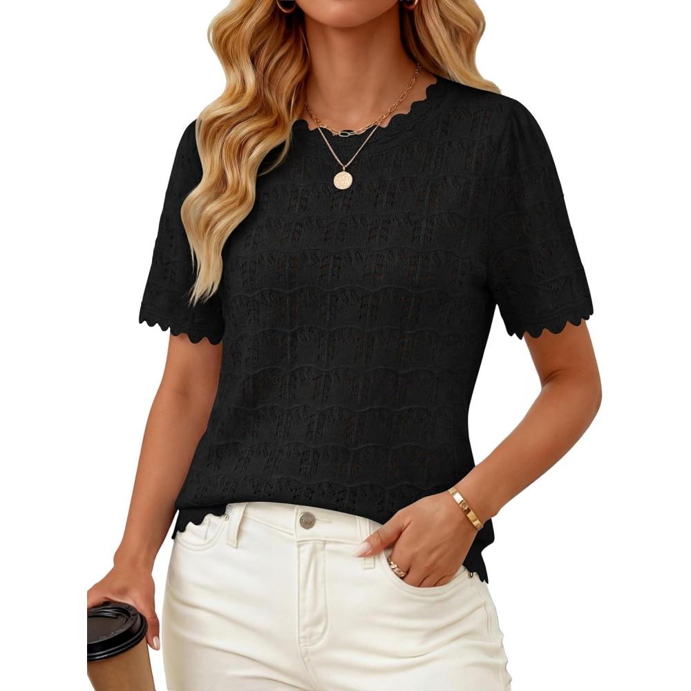 imageZESICA Womens Crochet Short Sleeve Sweaters 2026 Summer Casual Crewneck Hollow Out Tops Beach Vacation Shirts OutfitsBlack