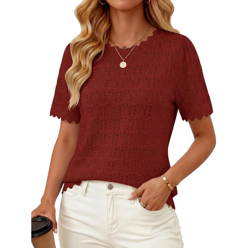 imageZESICA Womens Crochet Short Sleeve Sweaters 2026 Summer Casual Crewneck Hollow Out Tops Beach Vacation Shirts OutfitsWine