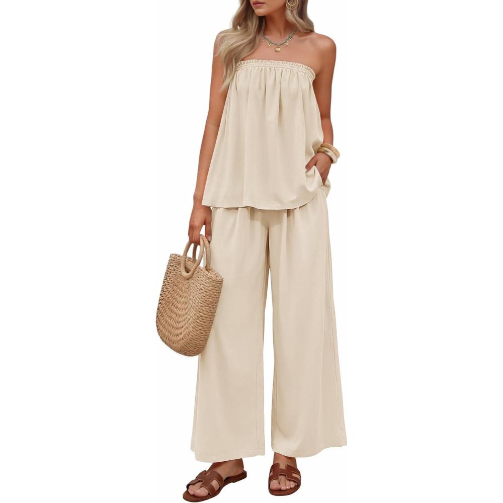 imageZESICA Womens Summer 2 Piece Sets 2026 Spring Casual Strapless Tube Top Wide Leg Pants Ruffle Beach Vacation OutfitsApricot