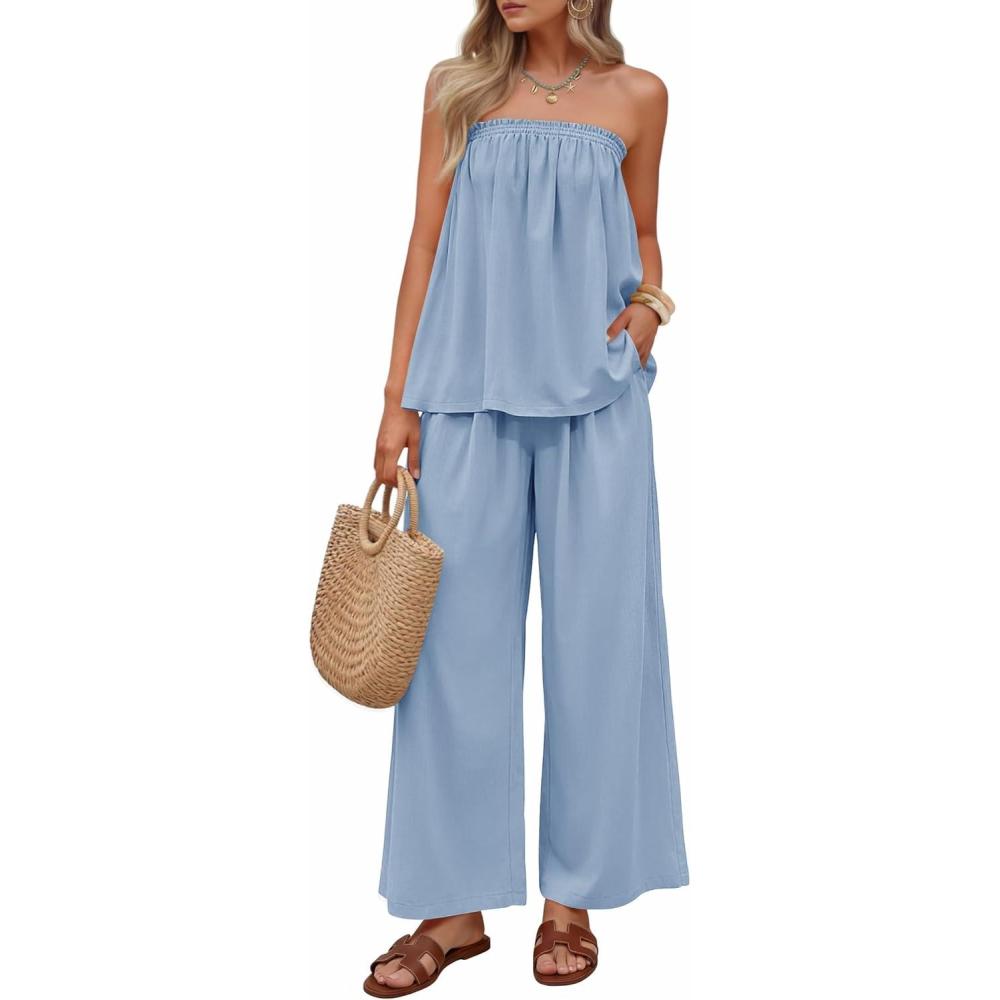 imageZESICA Womens Summer 2 Piece Sets 2026 Spring Casual Strapless Tube Top Wide Leg Pants Ruffle Beach Vacation OutfitsBlue