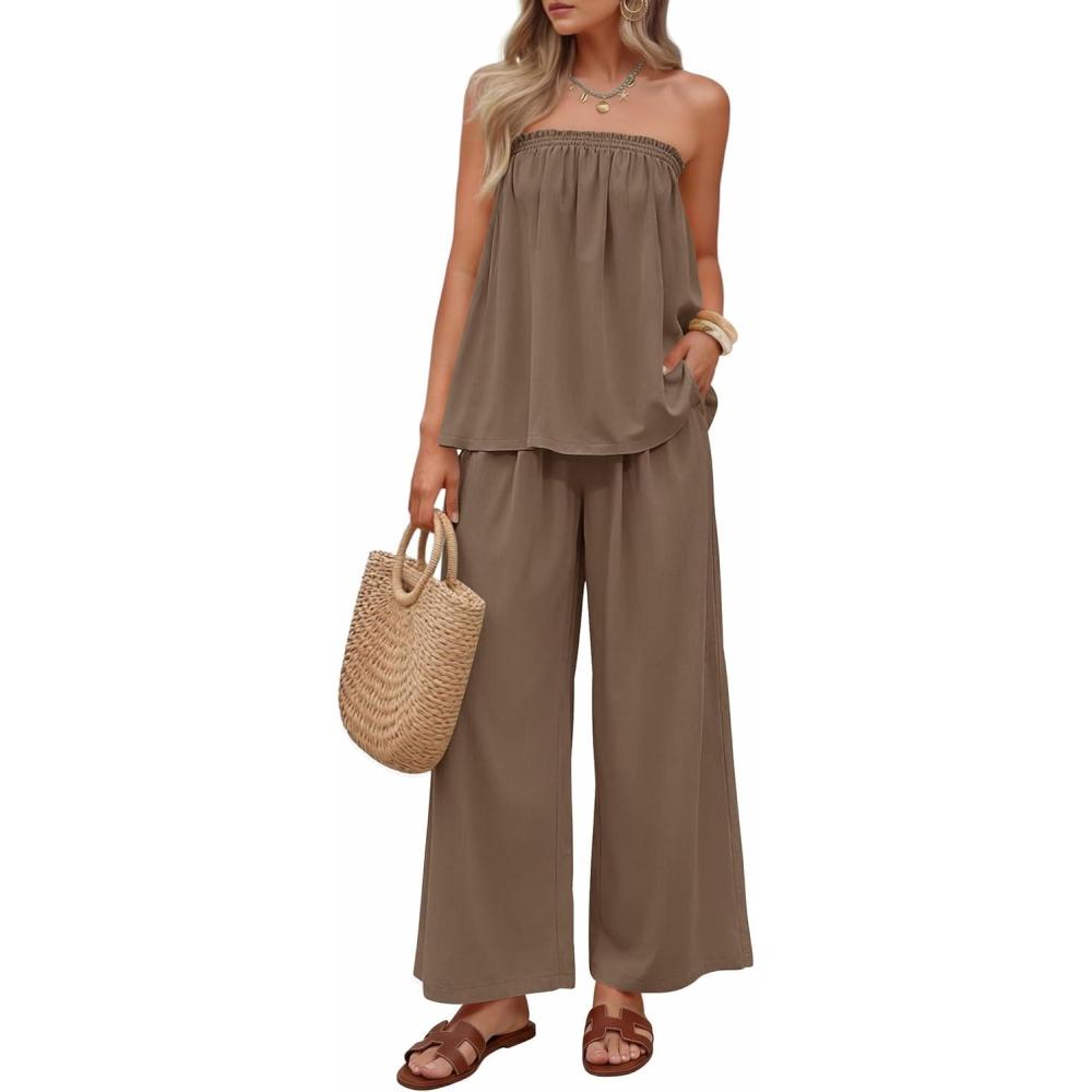 imageZESICA Womens Summer 2 Piece Sets 2026 Spring Casual Strapless Tube Top Wide Leg Pants Ruffle Beach Vacation OutfitsKhaki