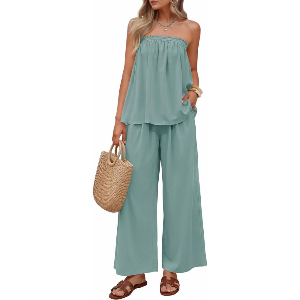 imageZESICA Womens Summer 2 Piece Sets 2026 Spring Casual Strapless Tube Top Wide Leg Pants Ruffle Beach Vacation OutfitsSage
