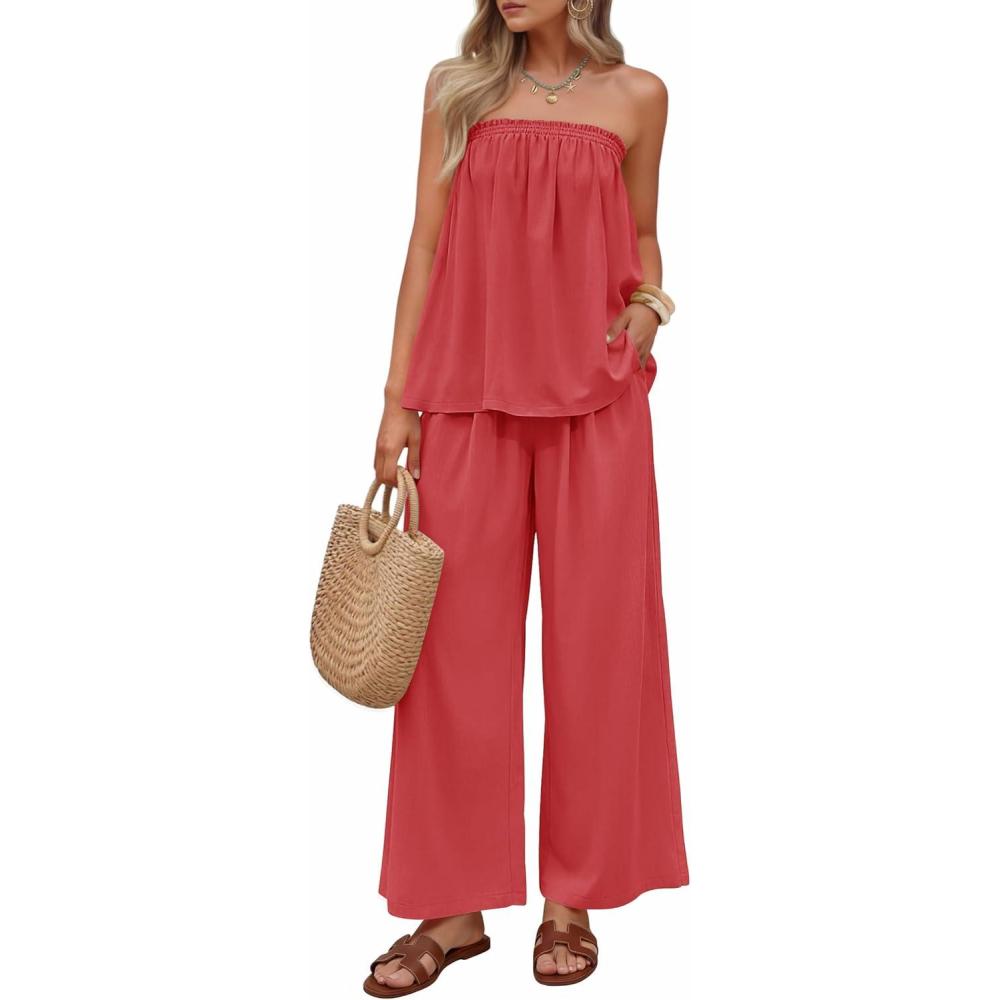 imageZESICA Womens Summer 2 Piece Sets 2026 Spring Casual Strapless Tube Top Wide Leg Pants Ruffle Beach Vacation OutfitsWatermelonred