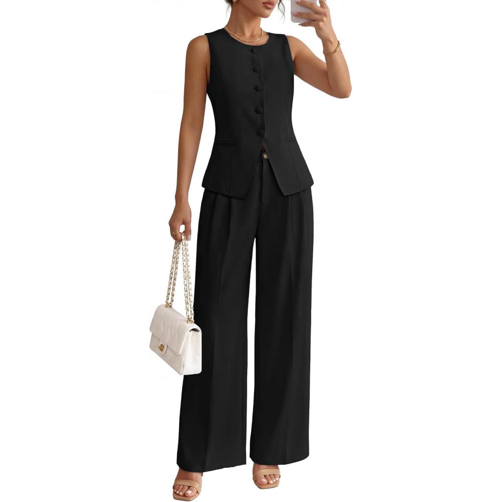 imageZESICA Womens Summer 2 Piece Suit Sets 2026 Sleeveless Blazer Vest Wide Leg Pants Business Casual Outfits Work ClothesBlack