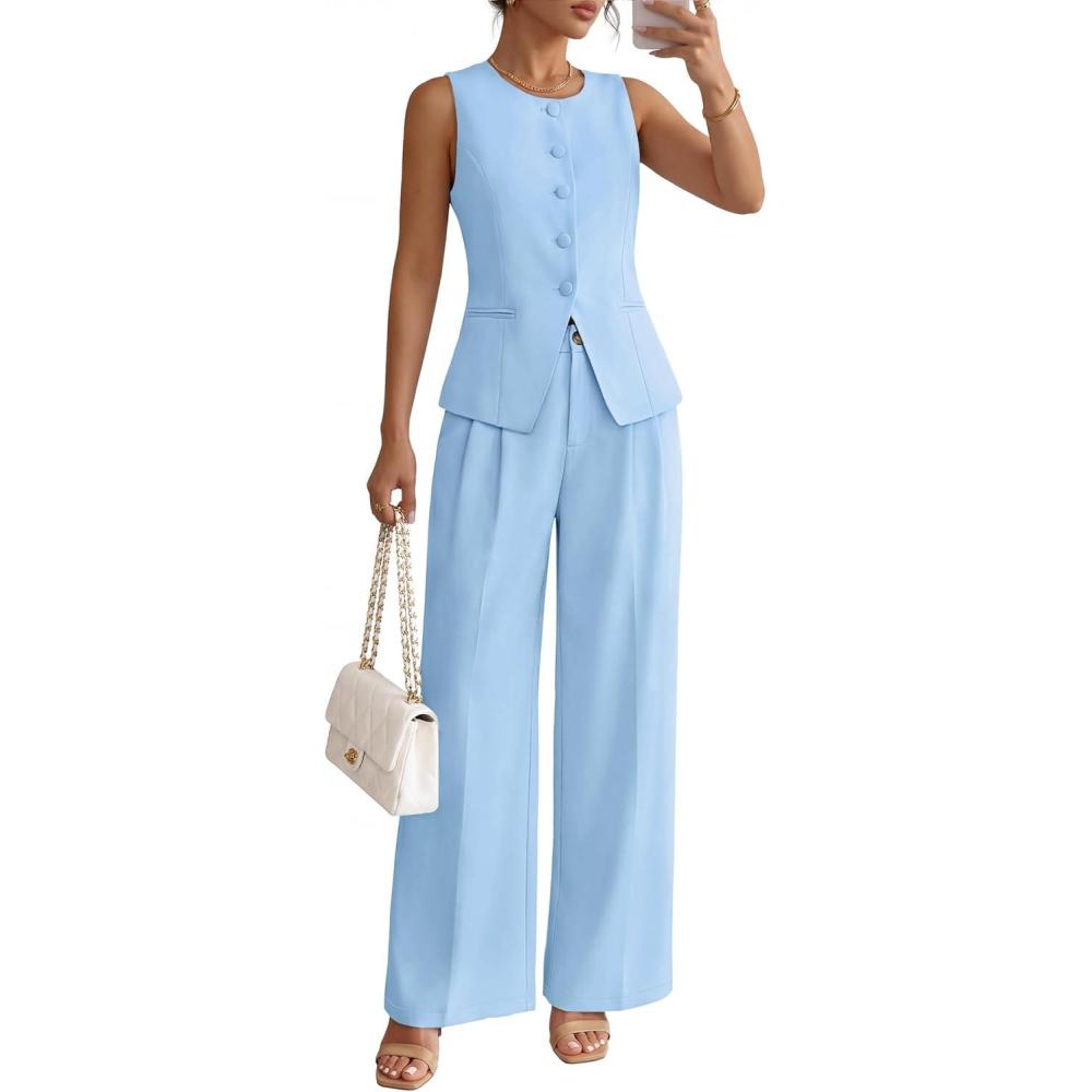 imageZESICA Womens Summer 2 Piece Suit Sets 2026 Sleeveless Blazer Vest Wide Leg Pants Business Casual Outfits Work ClothesBlue