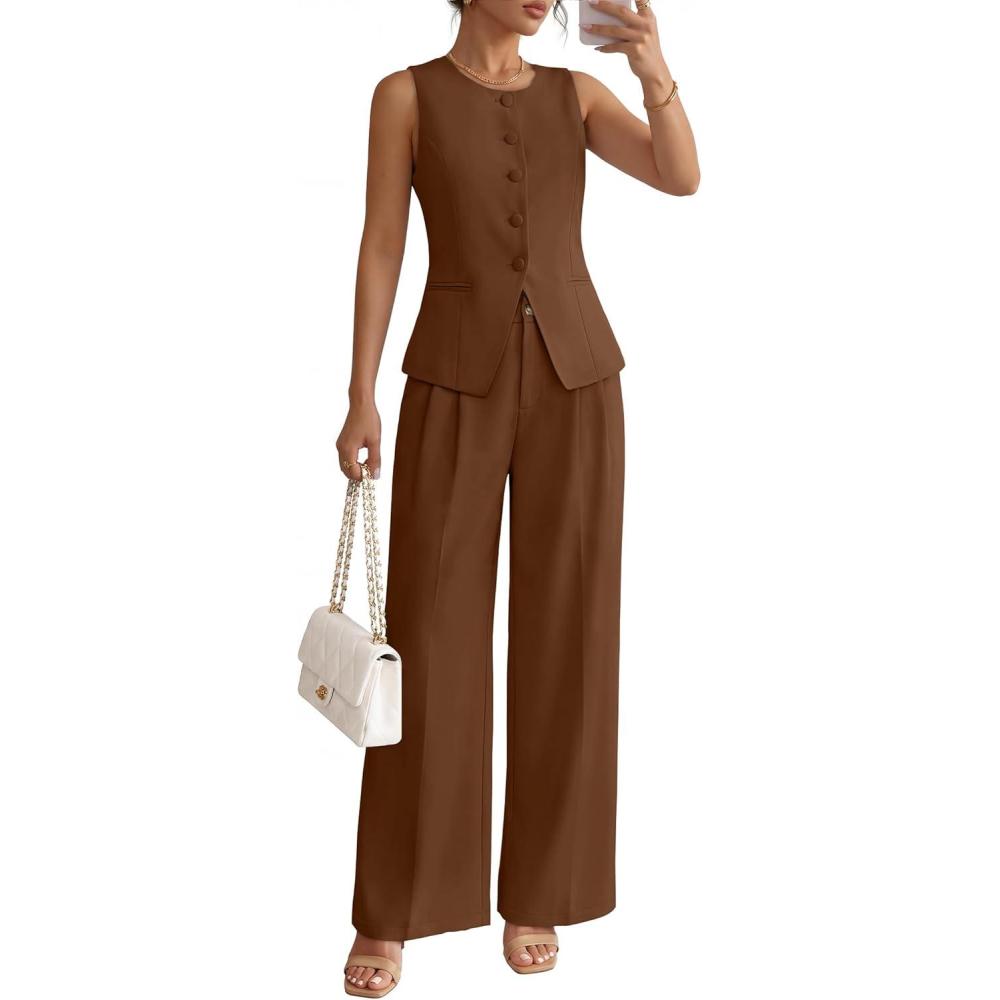 imageZESICA Womens Summer 2 Piece Suit Sets 2026 Sleeveless Blazer Vest Wide Leg Pants Business Casual Outfits Work ClothesBrown