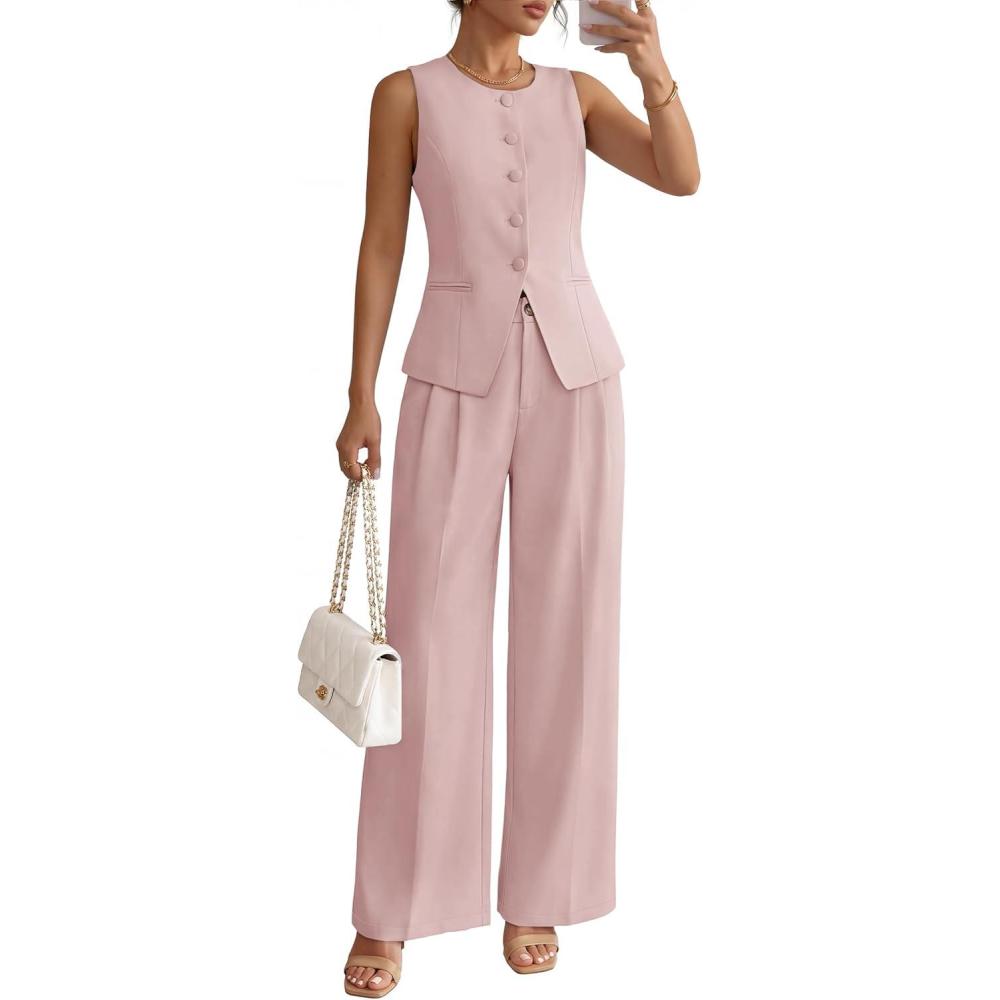 imageZESICA Womens Summer 2 Piece Suit Sets 2026 Sleeveless Blazer Vest Wide Leg Pants Business Casual Outfits Work ClothesPink