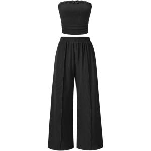 ZESICA Women’s 2026 Summer 2 Piece Vacation Outfits Strapless Crop Tube Tops and Wide Leg Pants Travel Matching Sets(Black)